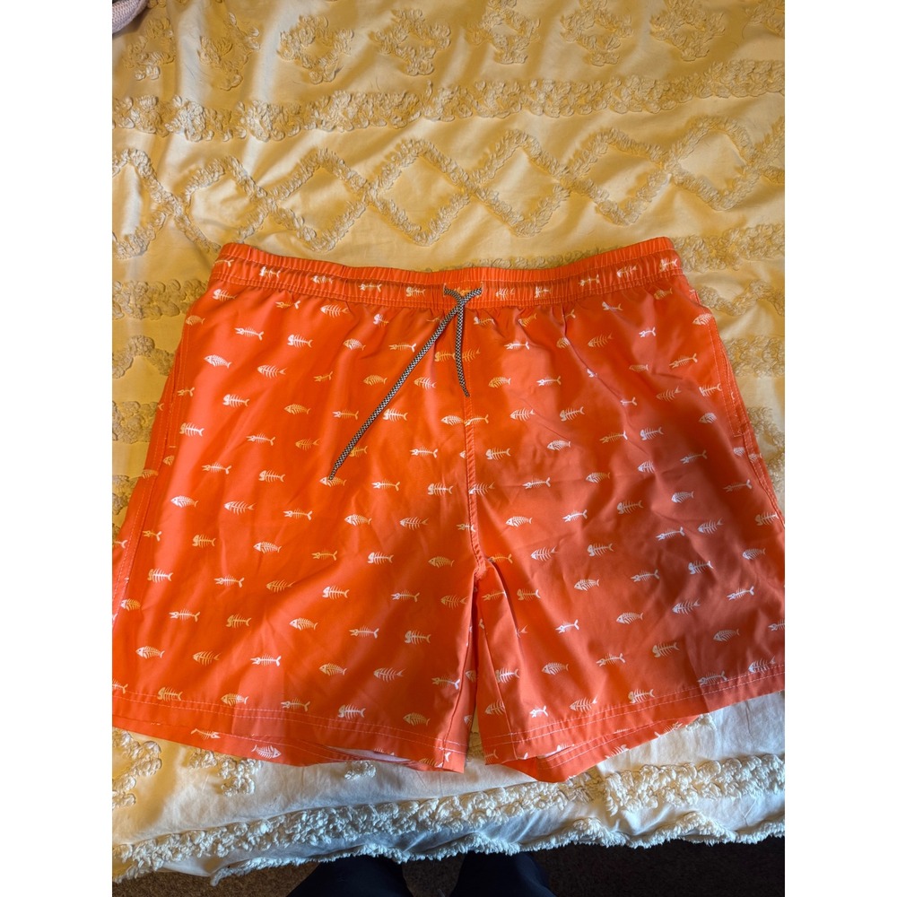 Biwisy Mens Orange Fish Bone Skeleton Print Swim Trunks Board Shorts Size 2XL